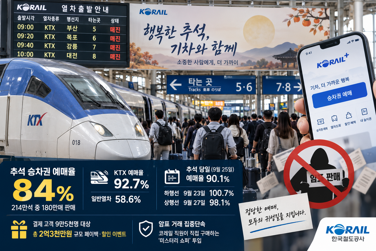 추석 기차표 예매율 84% ‘매진 행렬’…코레일, 암표상 직접 잡는다