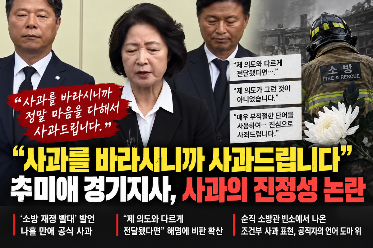 “사과를 바라시니까 사과드립니다”…추미애 경기지사, 사과의 진정성마저 논란